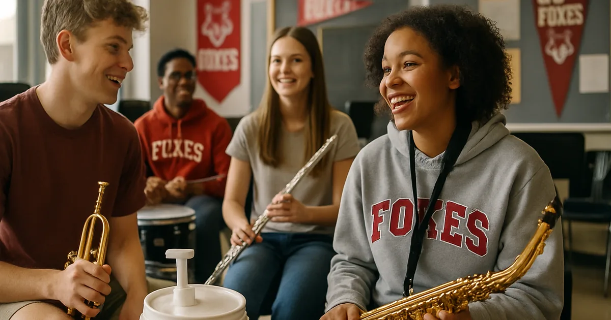 School band students with their instruments in a rehearsal room