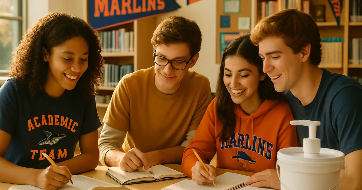 Academic team students studying together at a library table