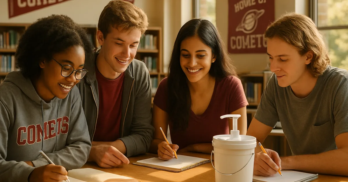 Academic team students studying together at a library table