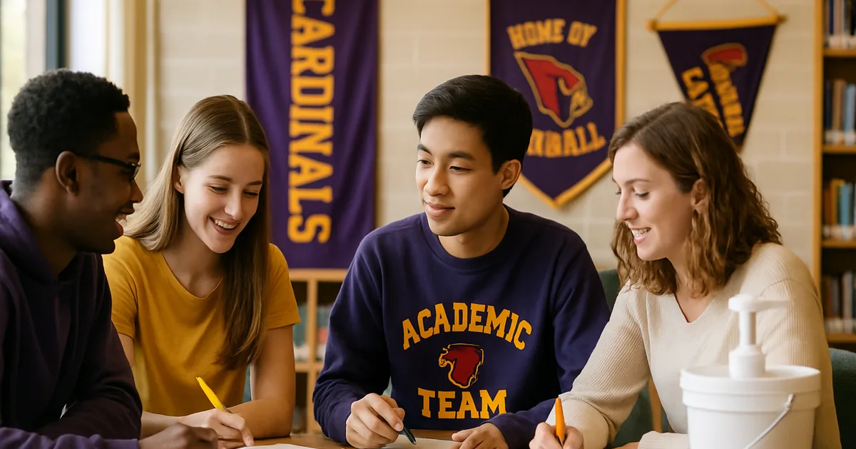 Academic team students studying together at a library table