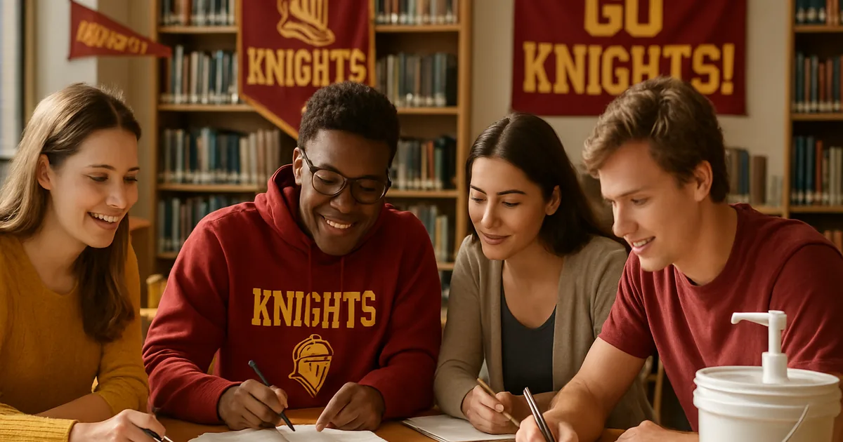 Academic team students studying together at a library table