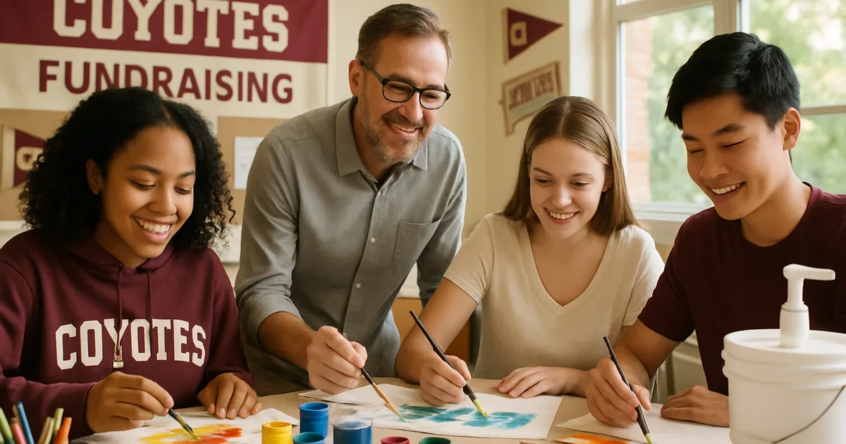 Student artists and their teacher working around a table of art supplies