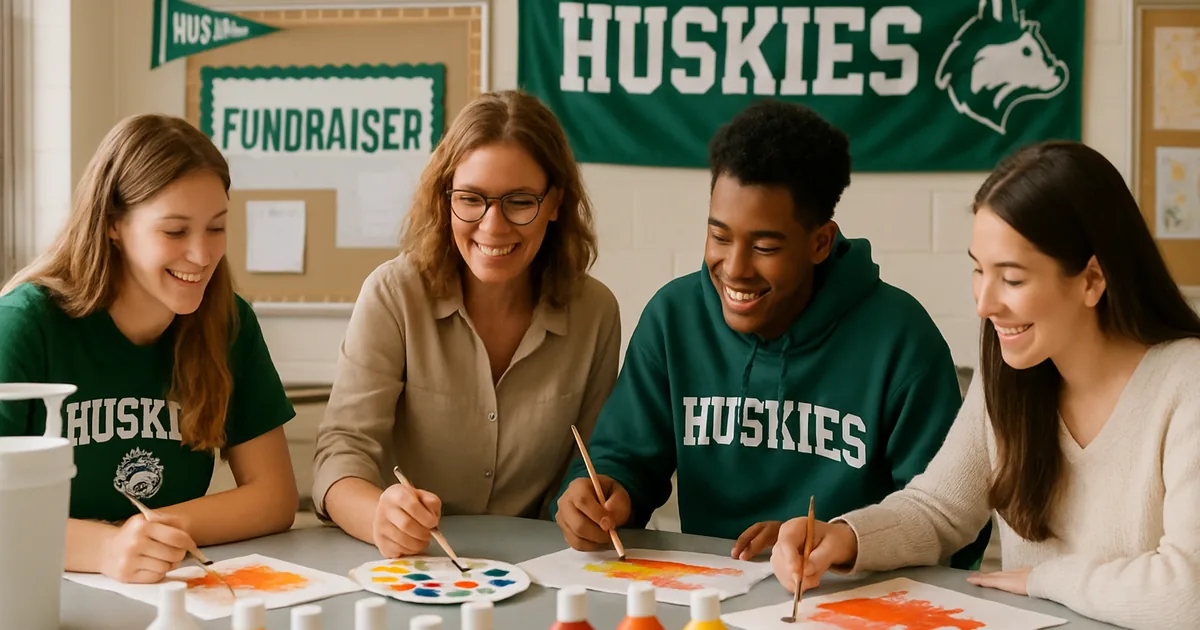 Student artists and their teacher working around a table of art supplies