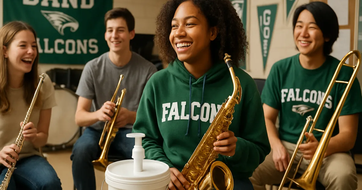 School band students with their instruments in a rehearsal room