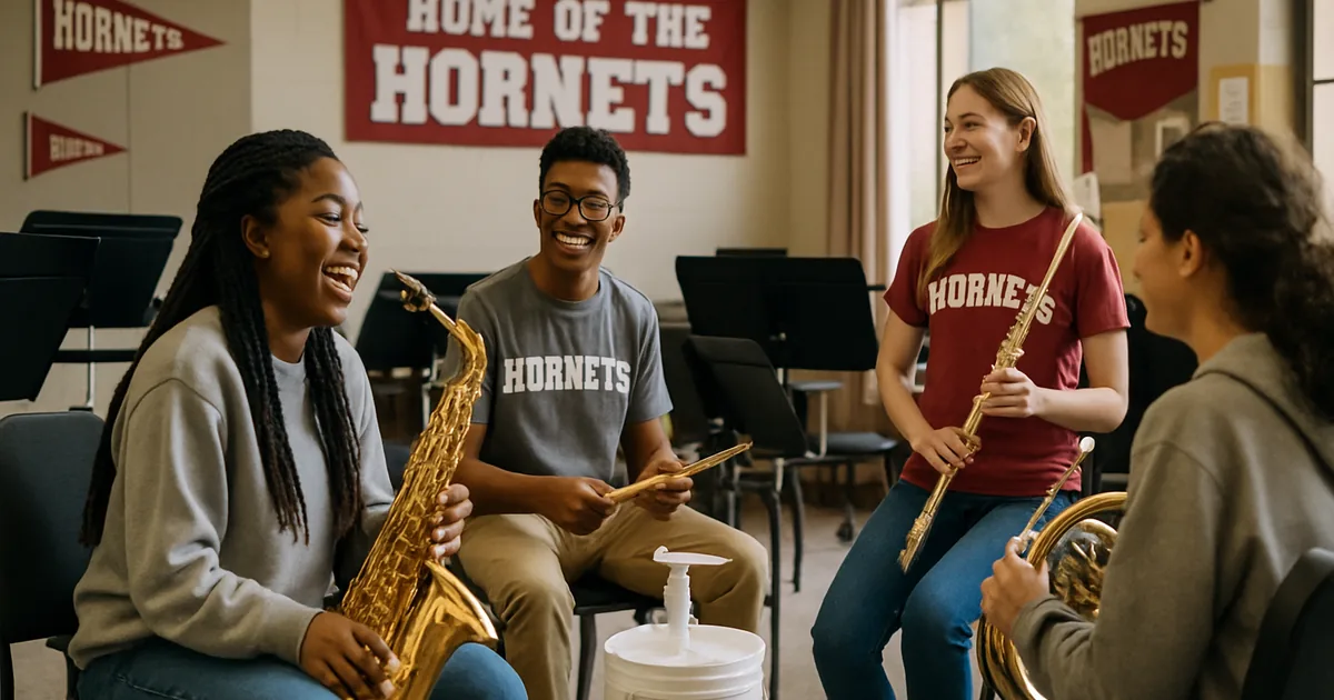 School band students with their instruments in a rehearsal room