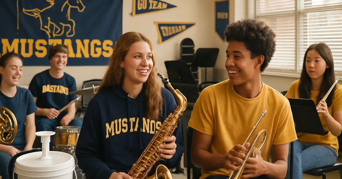 School band students with their instruments in a rehearsal room