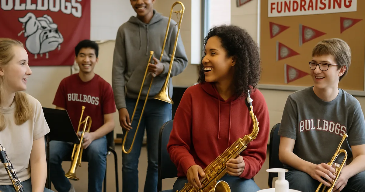 School band students with their instruments in a rehearsal room