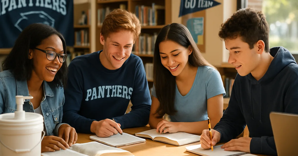 Academic team students studying together at a library table