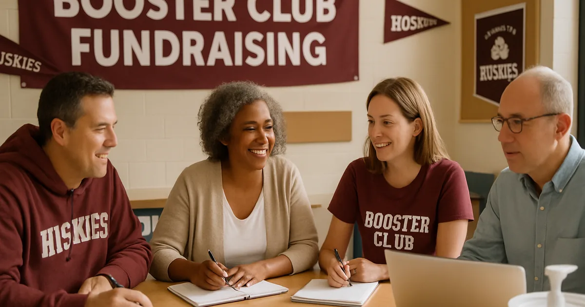 Booster club parents planning a fundraiser around a table