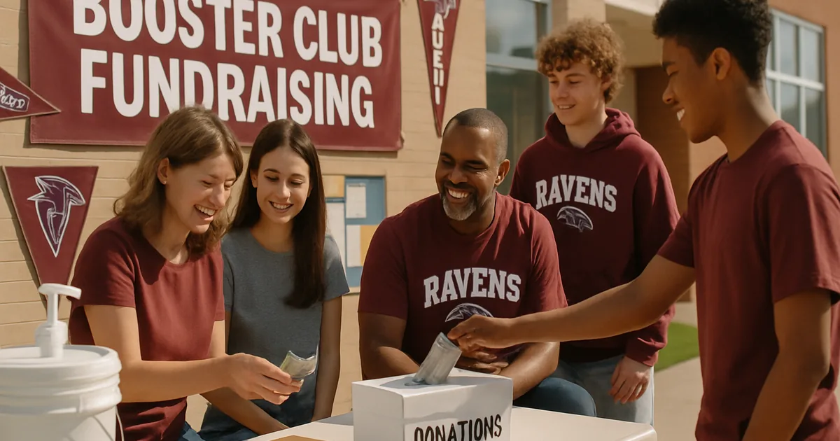 Booster club parents and students at a fundraiser table outside a school