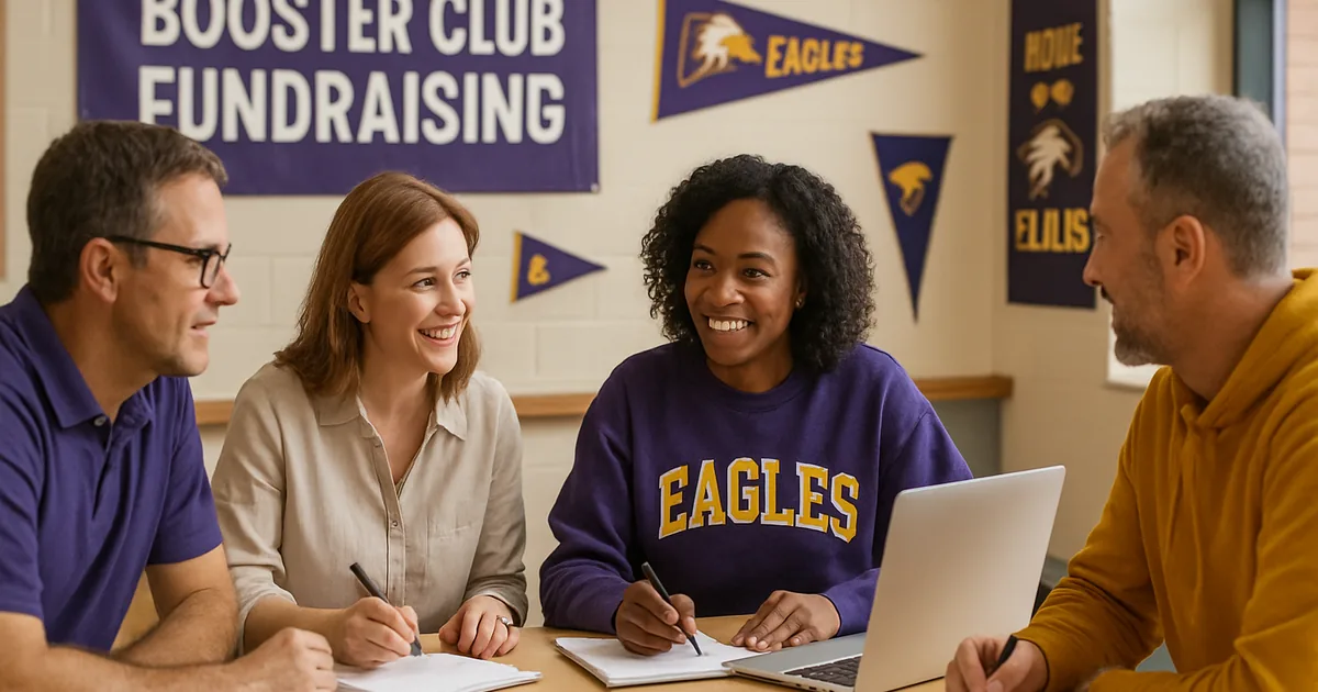 Booster club parents planning a fundraiser around a table