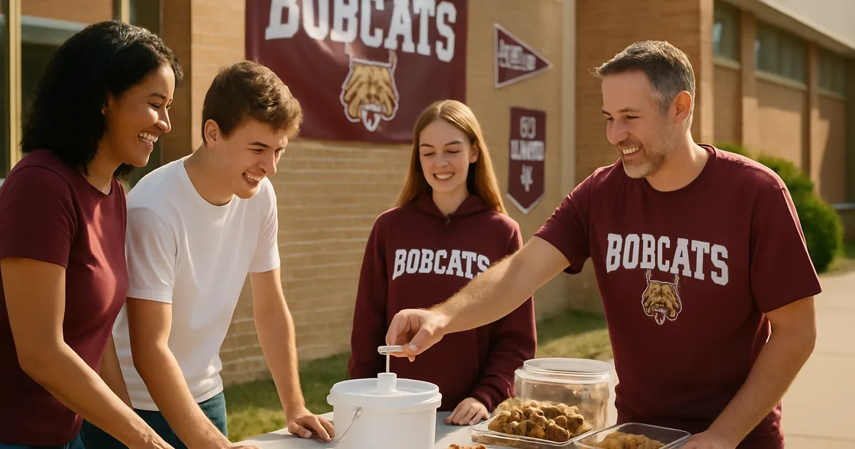 Booster club parents and students at a fundraiser table outside a school