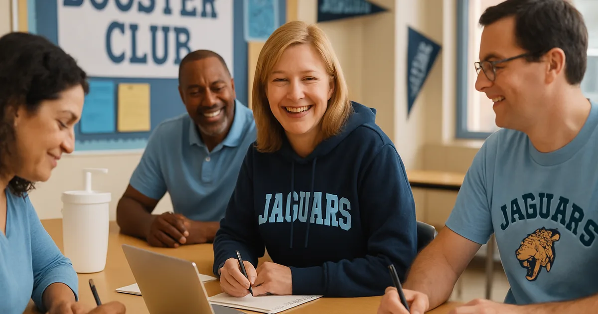 Booster club parents planning a fundraiser around a table