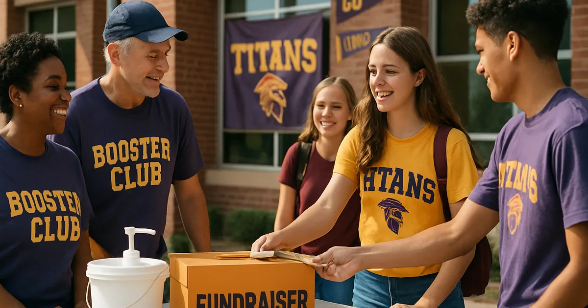 Booster club parents and students at a fundraiser table outside a school