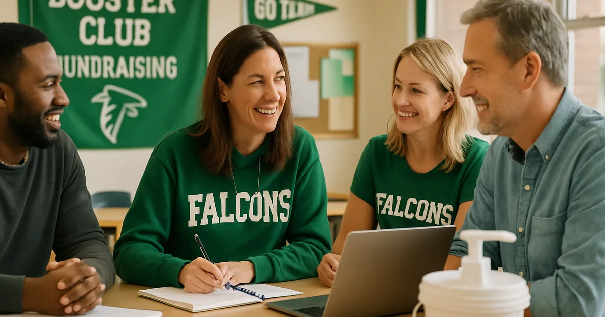 Booster club parents planning a fundraiser around a table