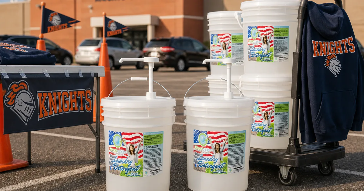 High-school students carrying Good Clean Fundraising detergent buckets to waiting families