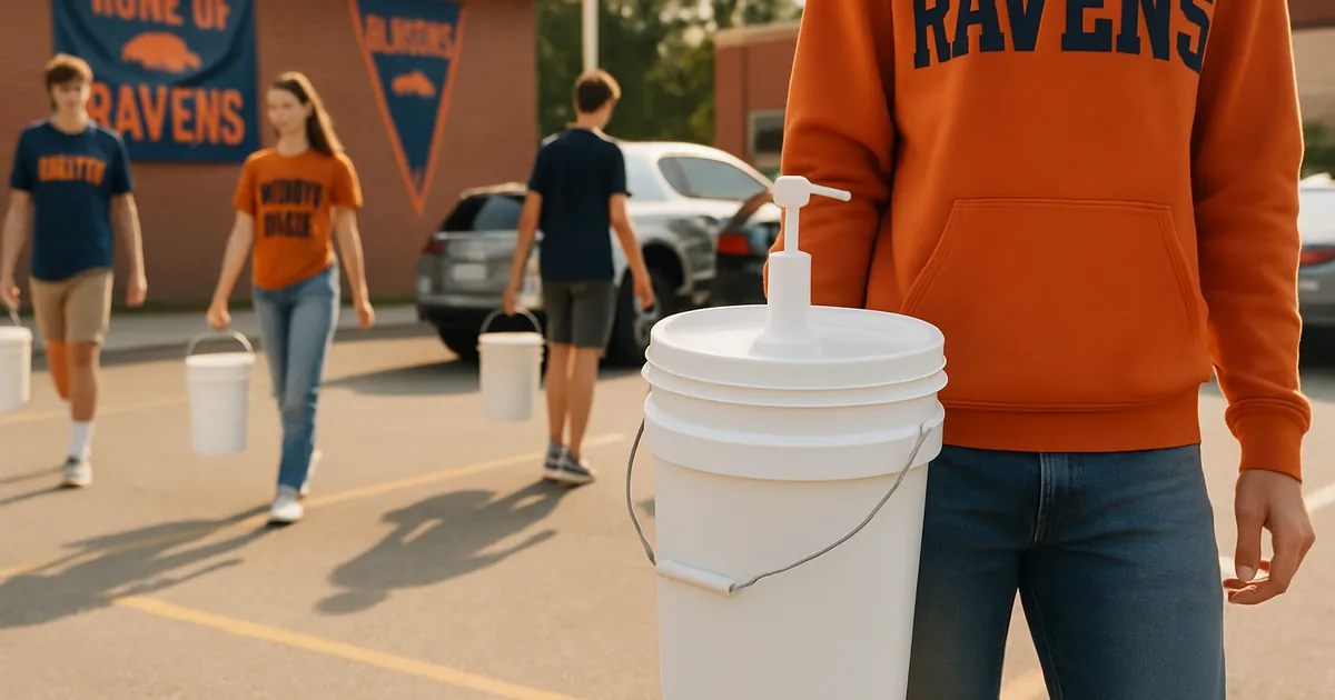 High-school students carrying detergent buckets to waiting families