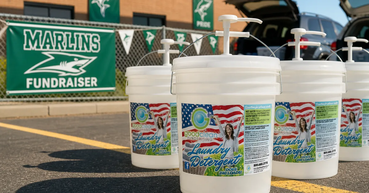 High-school students carrying Good Clean Fundraising detergent buckets to waiting families