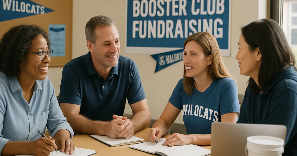Booster club parents planning a fundraiser around a table