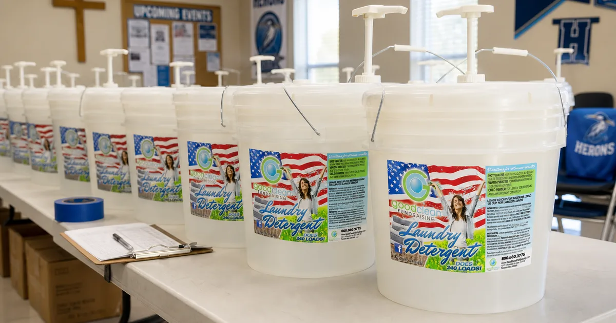 Church volunteers lining up Good Clean Fundraising detergent buckets in a multipurpose room