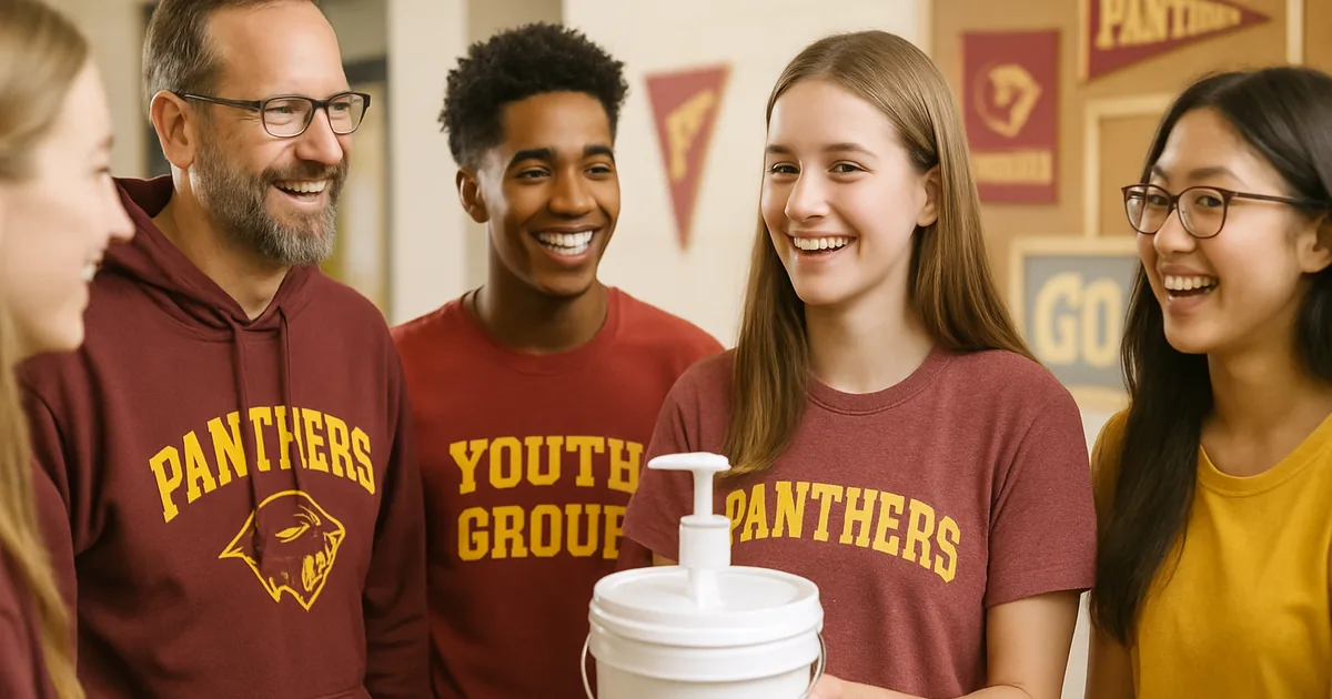 Church youth group of teens and adult leaders gathered together