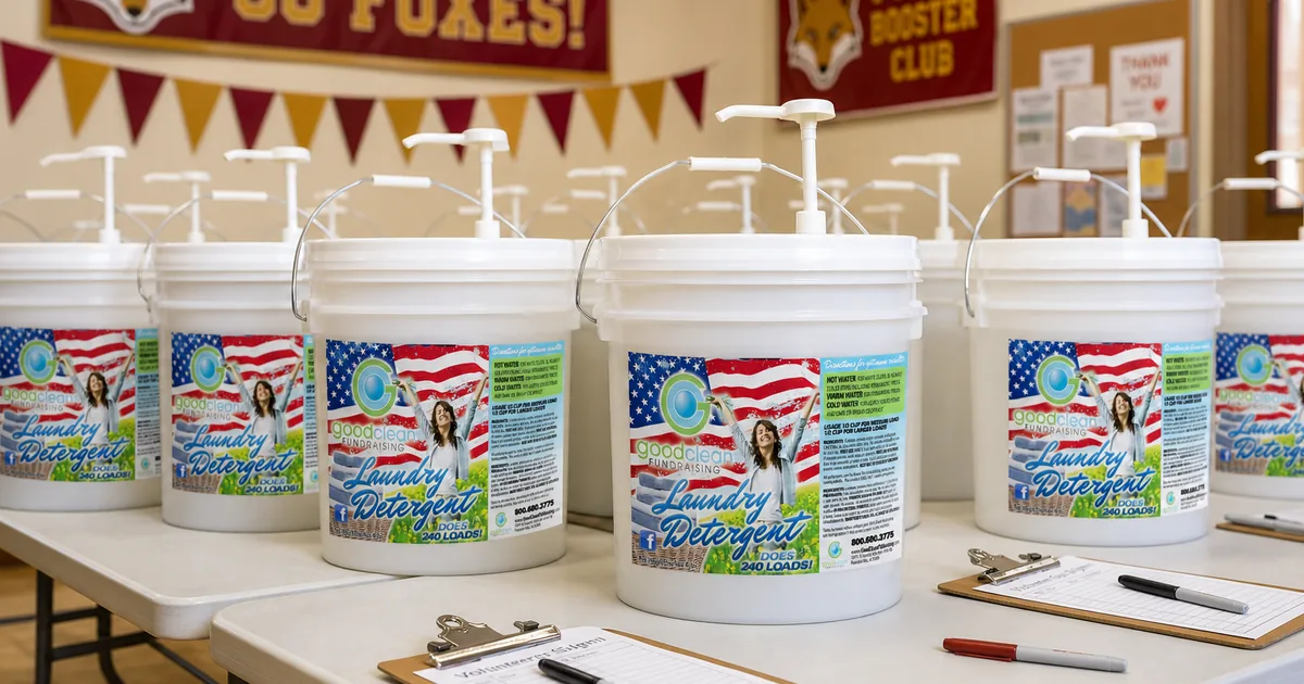 Church volunteers lining up Good Clean Fundraising detergent buckets in a multipurpose room