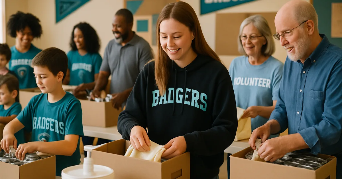 Church community volunteers of all ages working together in a fellowship hall