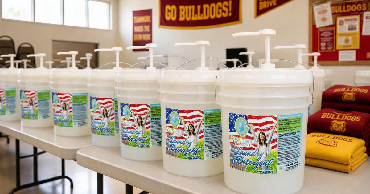 Church volunteers lining up Good Clean Fundraising detergent buckets in a multipurpose room