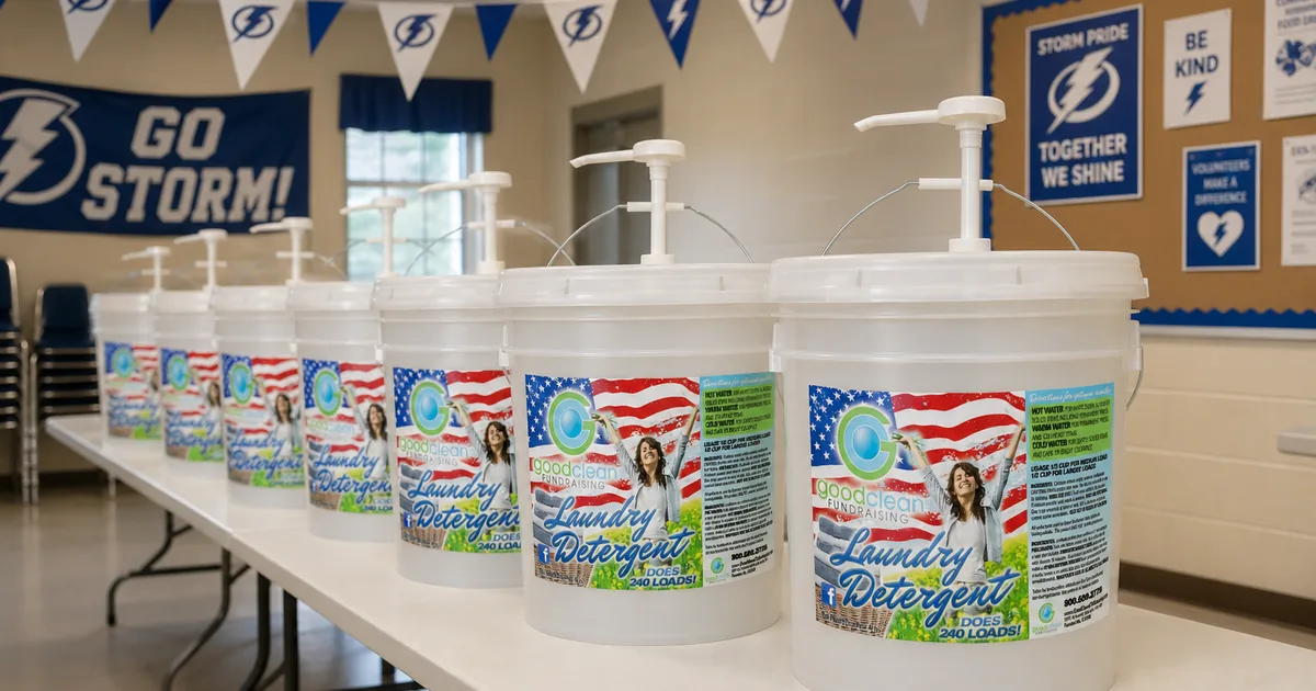 Church volunteers lining up Good Clean Fundraising detergent buckets in a multipurpose room