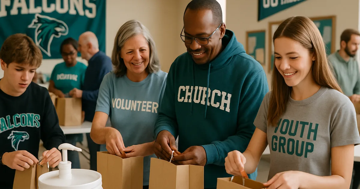 Church community volunteers of all ages working together in a fellowship hall