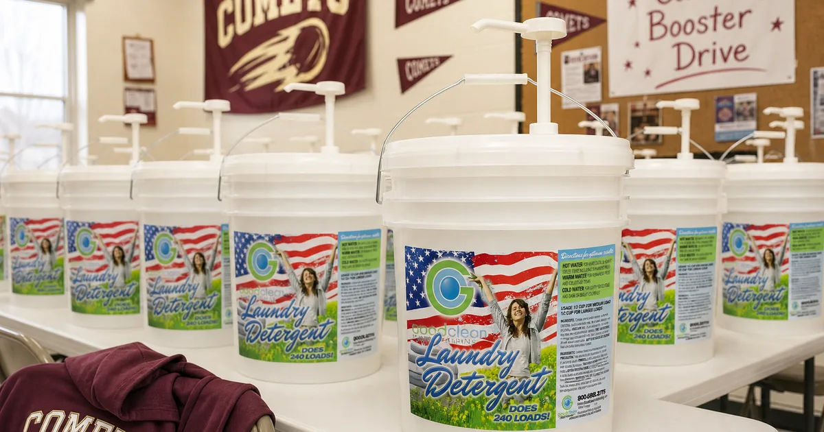 Church volunteers lining up Good Clean Fundraising detergent buckets in a multipurpose room
