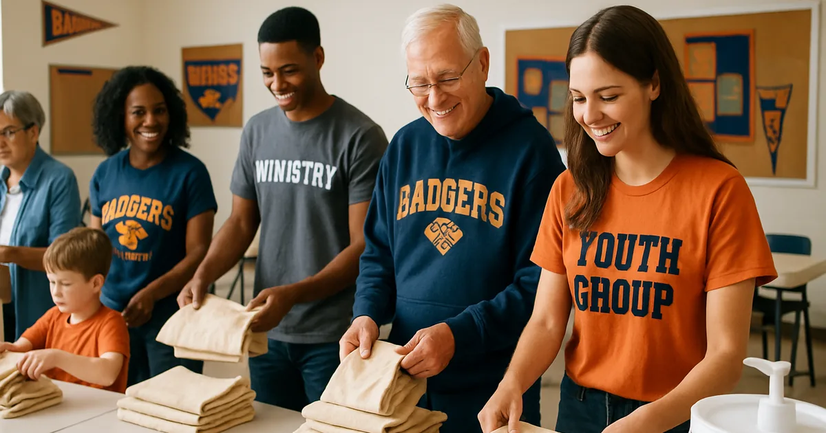Church community volunteers of all ages working together in a fellowship hall