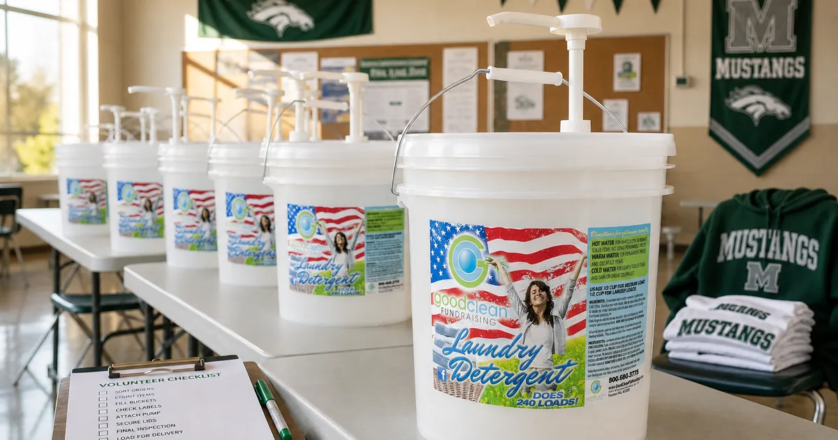 Church volunteers lining up Good Clean Fundraising detergent buckets in a multipurpose room