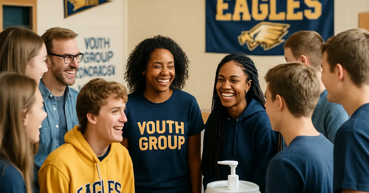 Church youth group of teens and adult leaders gathered together