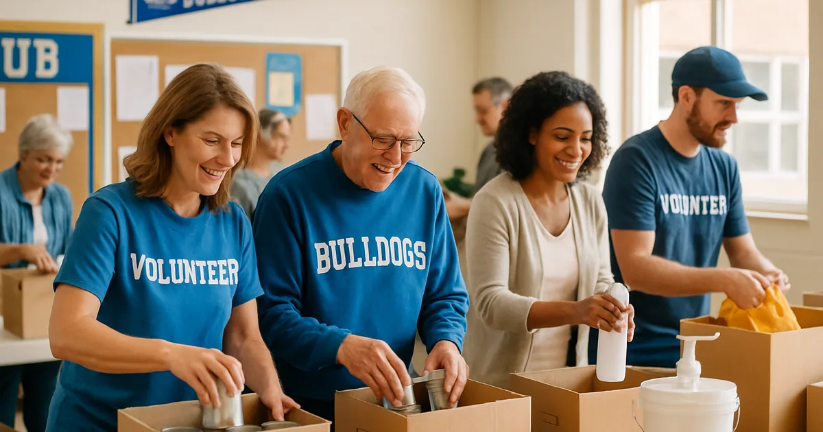 Community club volunteers working together at tables in a community center
