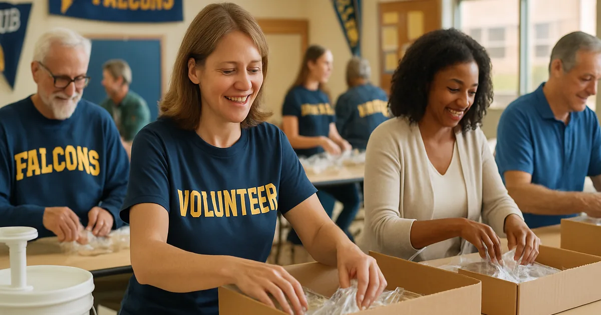 Community club volunteers working together at tables in a community center