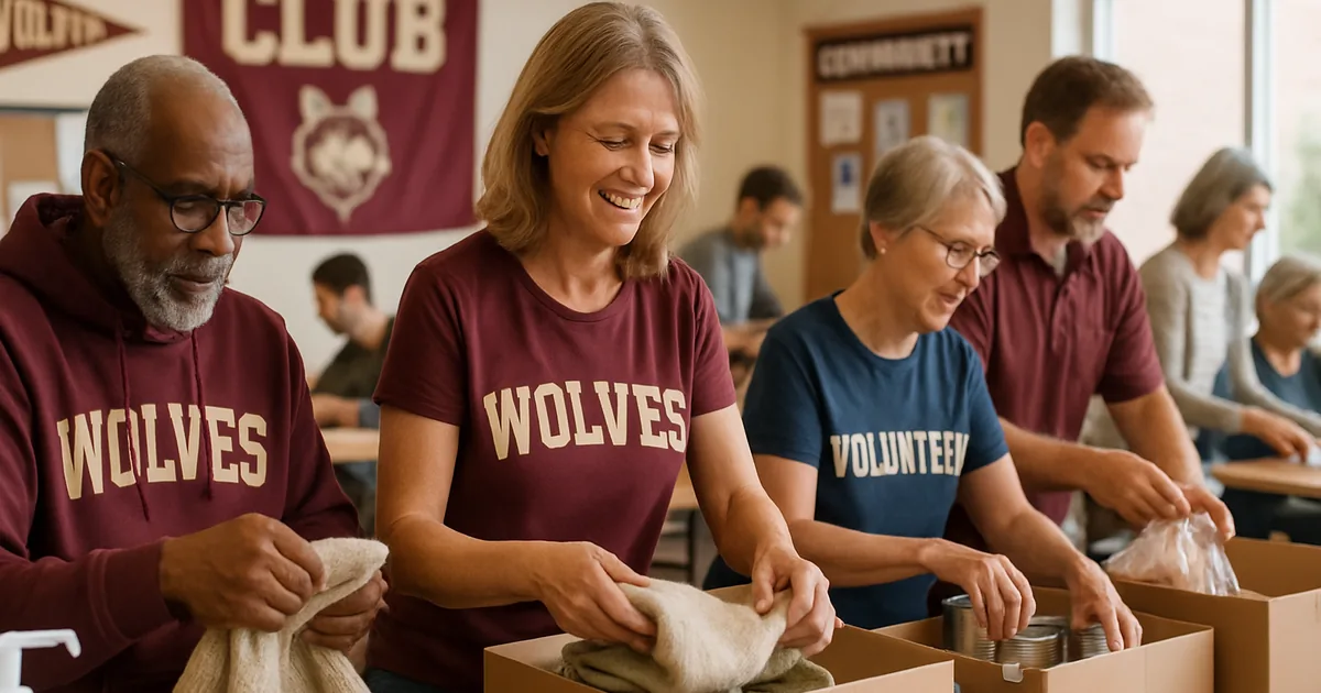 Community club volunteers working together at tables in a community center