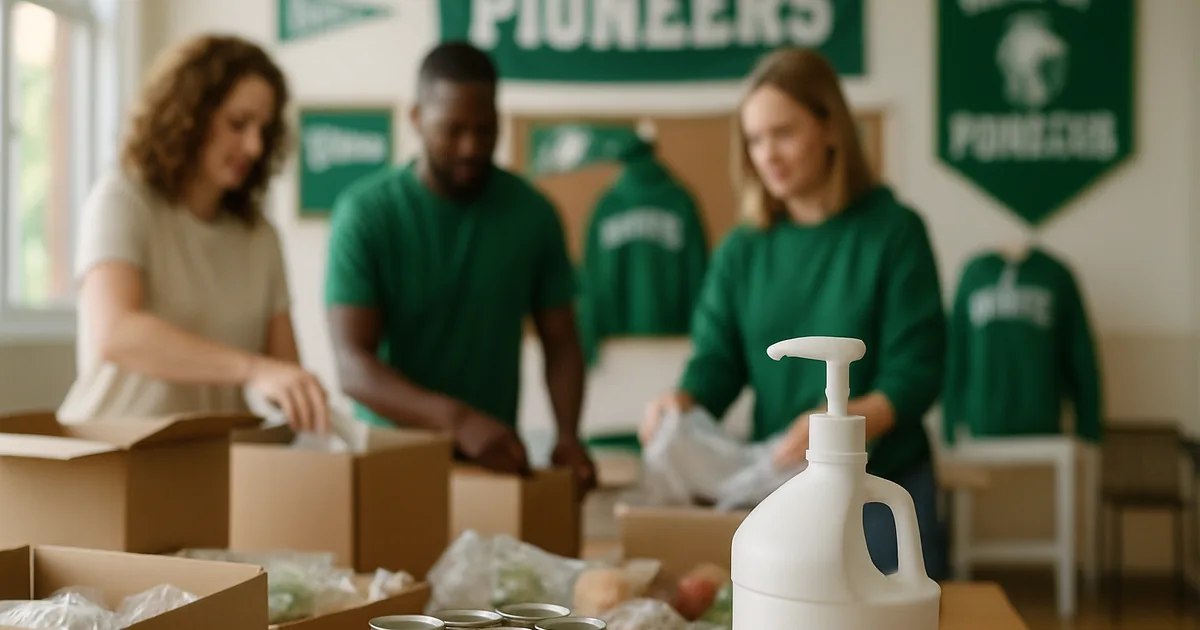 Nonprofit volunteers organizing supplies in a bright open room