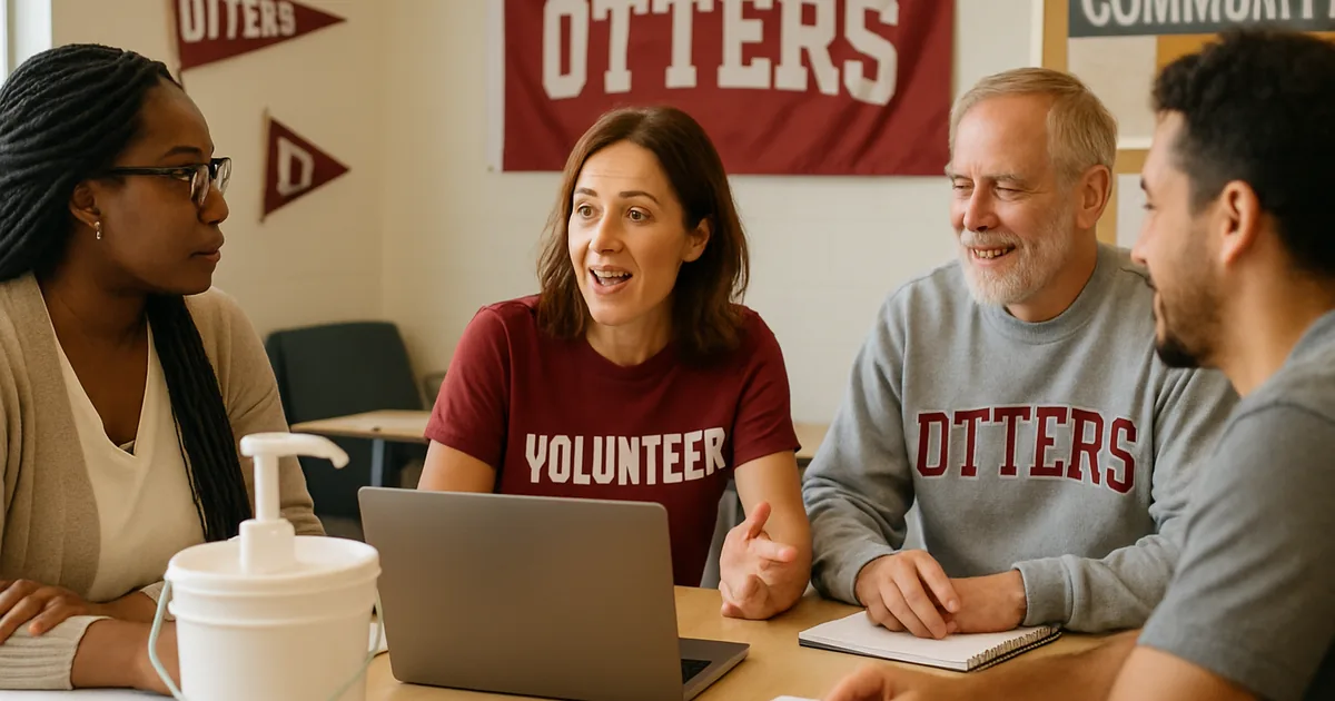 Nonprofit team meeting around a table with a laptop and notebooks