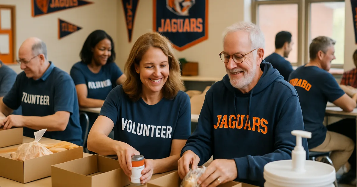 Community club volunteers working together at tables in a community center