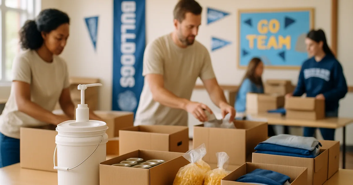 Nonprofit volunteers organizing supplies in a bright open room