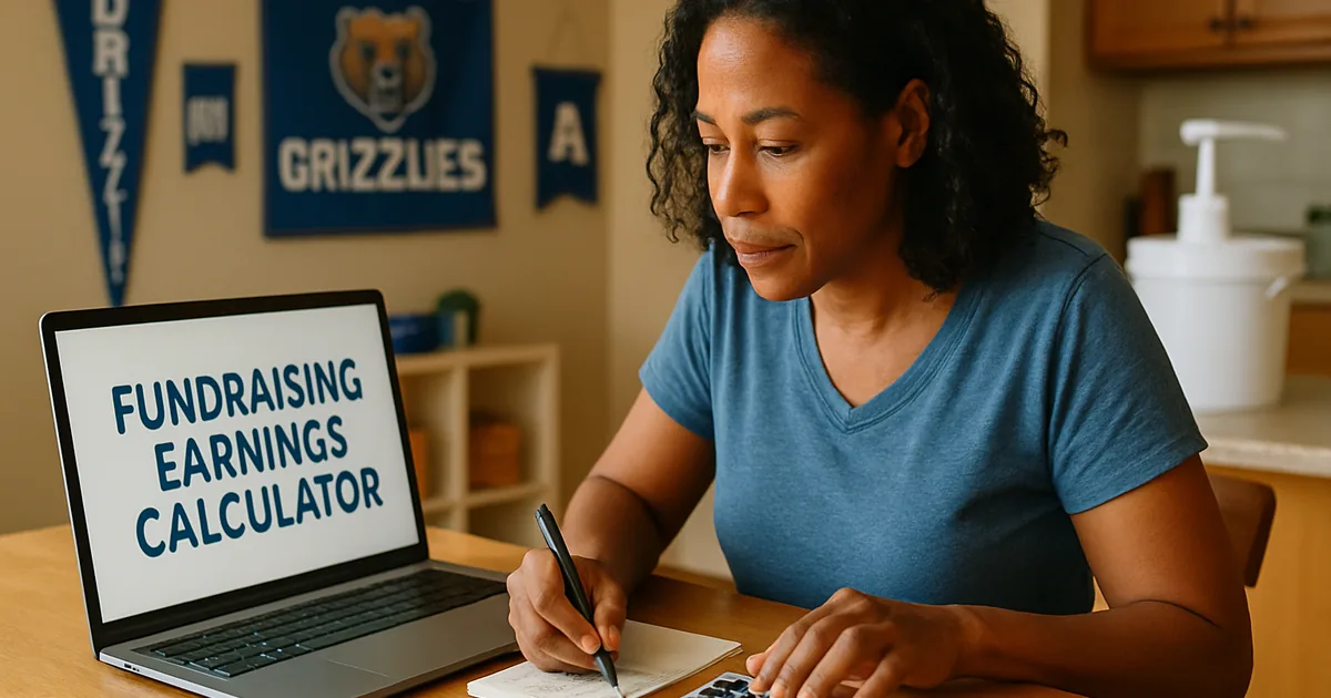 Coordinator planning fundraiser earnings on a laptop with a calculator and notepad