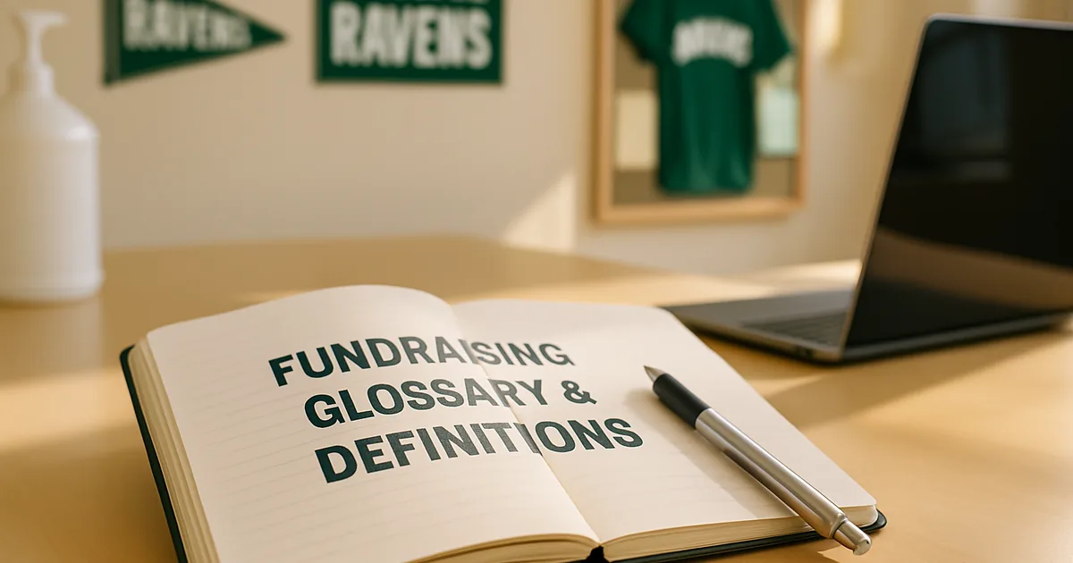 Open notebook and pen beside a laptop on a fundraiser planning desk