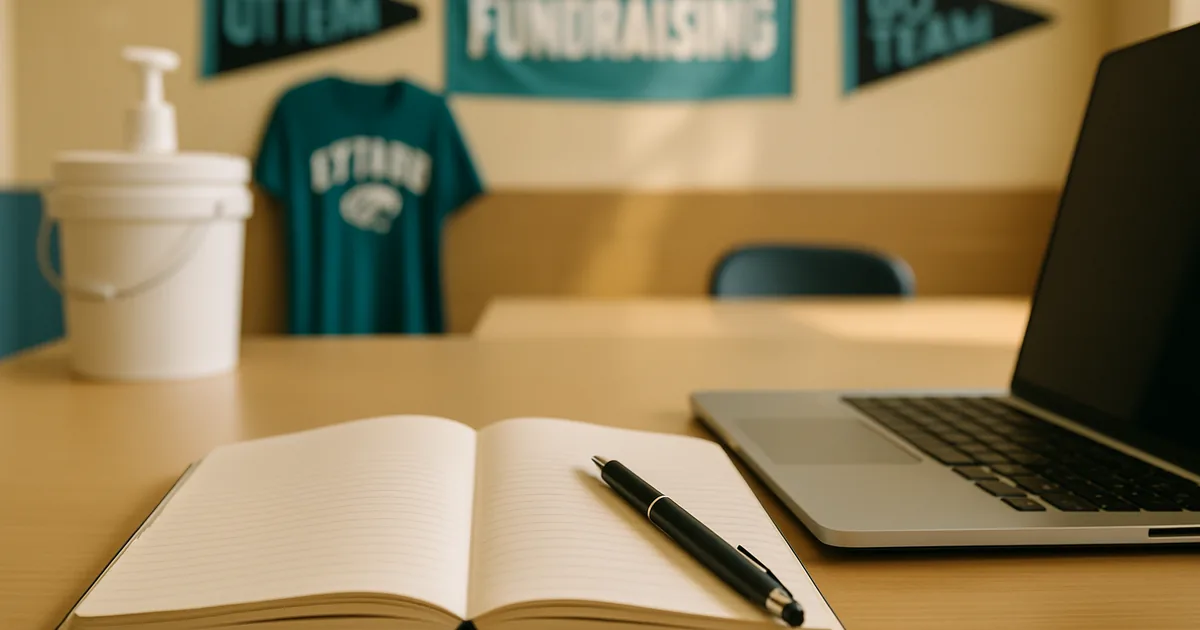Open notebook and pen beside a laptop on a fundraiser planning desk