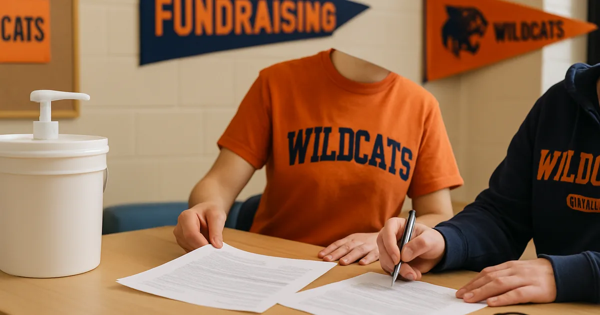 Coordinators reviewing fundraiser paperwork together at a table