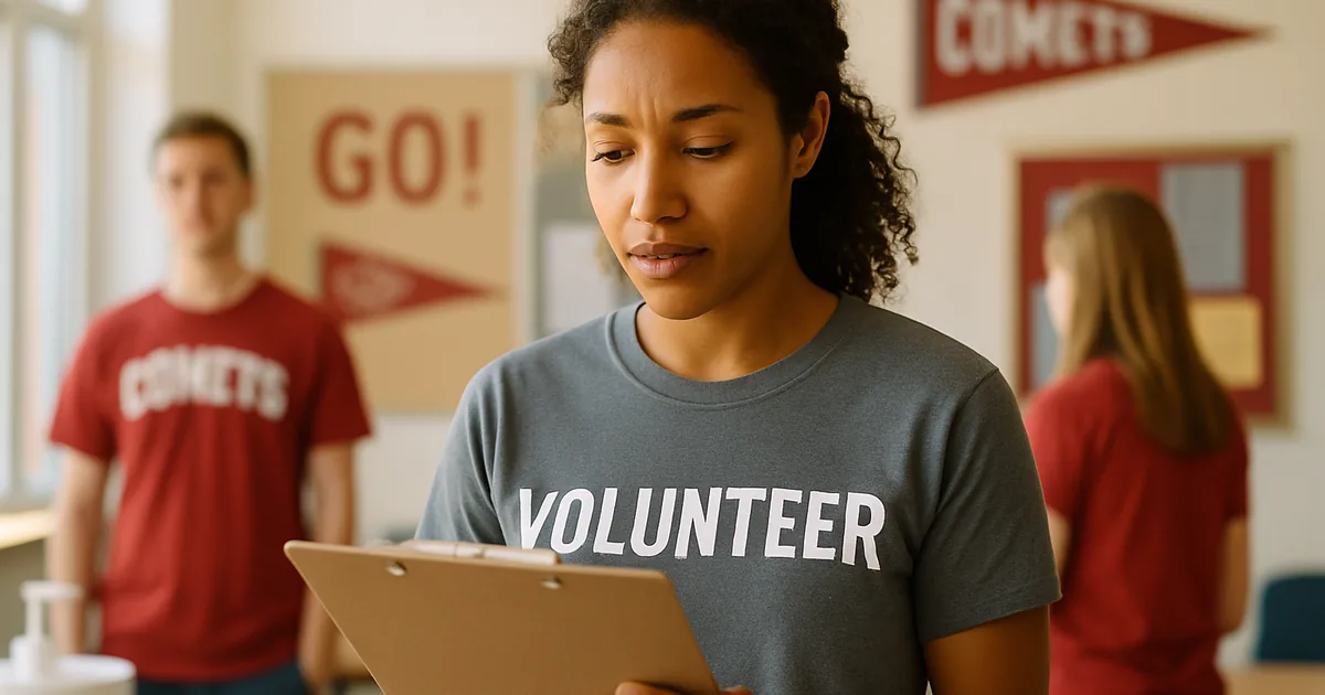Volunteer reading from a clipboard while planning a fundraiser