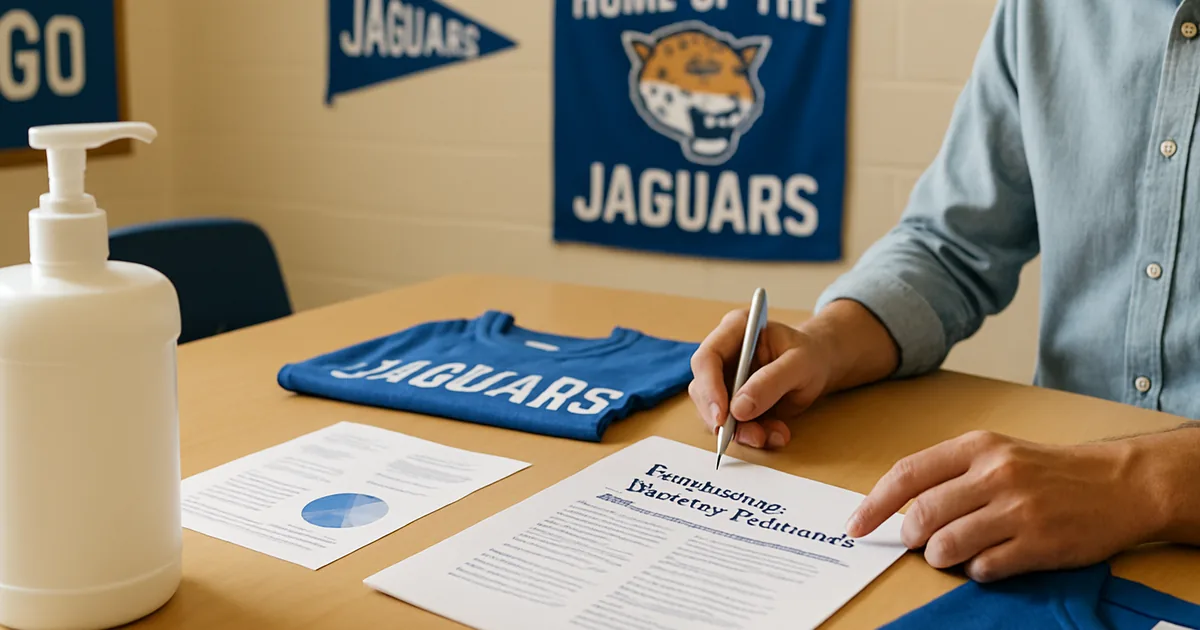 Coordinators reviewing fundraiser paperwork together at a table