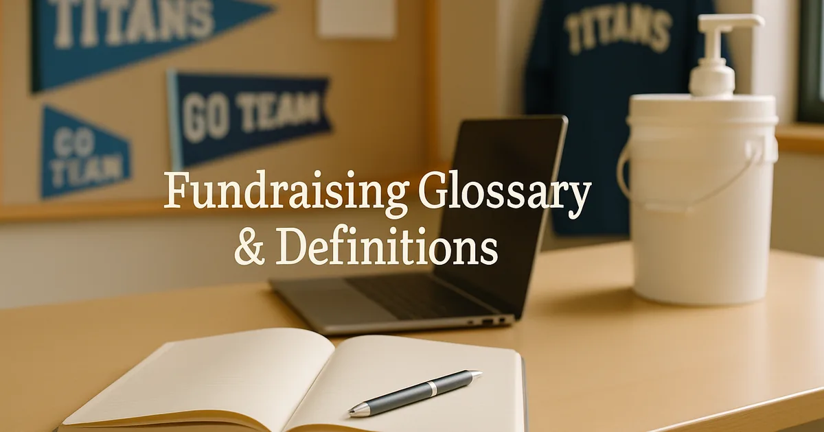 Open notebook and pen beside a laptop on a fundraiser planning desk