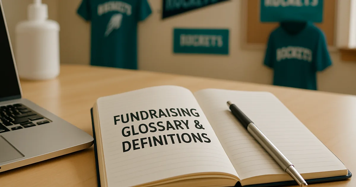 Open notebook and pen beside a laptop on a fundraiser planning desk