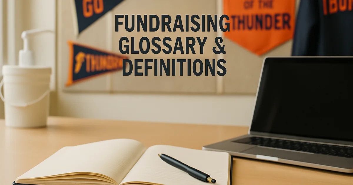 Open notebook and pen beside a laptop on a fundraiser planning desk